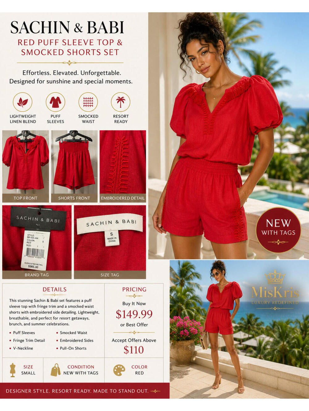 Sachin & Babi Red Puff Sleeve Top Smocked Shorts Matching Set Size Small NWT